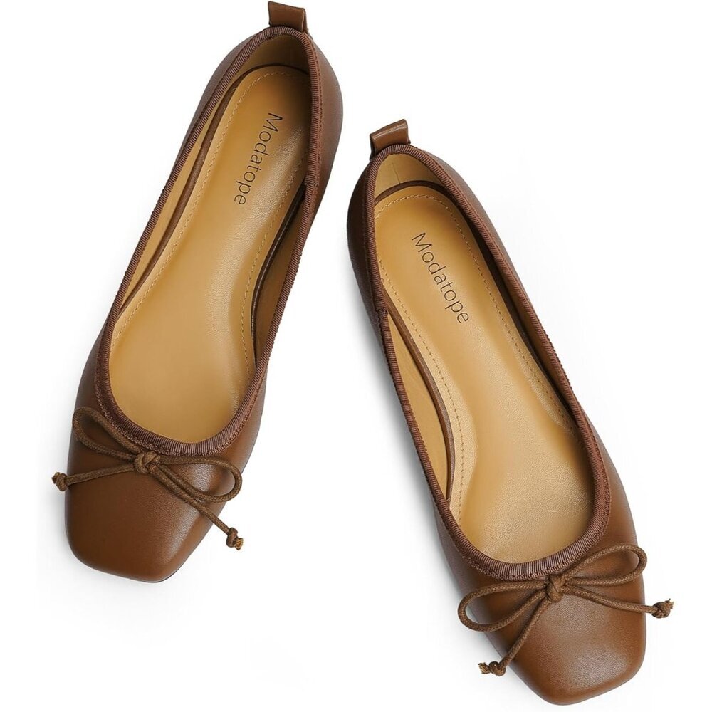 Women's Brown Ballet Flats with Bow Ballerina Closed Square Toe Slip on Shoes